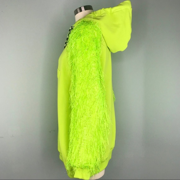 MOSHIQA Neon Green Feathers Hoodie Size M Sweatshirt Designer Trendy Celebrity - Picture 8 of 16
